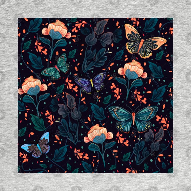 Butterflies and plants night elegant seamless pattern handmade illustration painting by astronauticarte